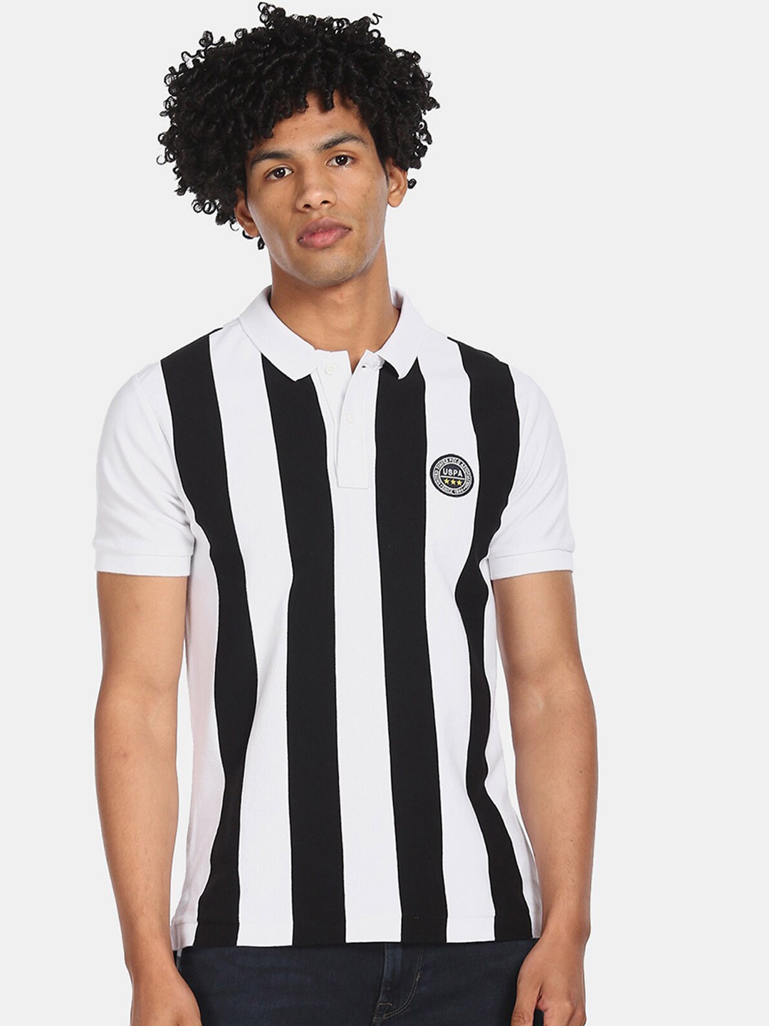 

U.S. Polo Assn. Men White & Black Striped Polo Collar T-shirt