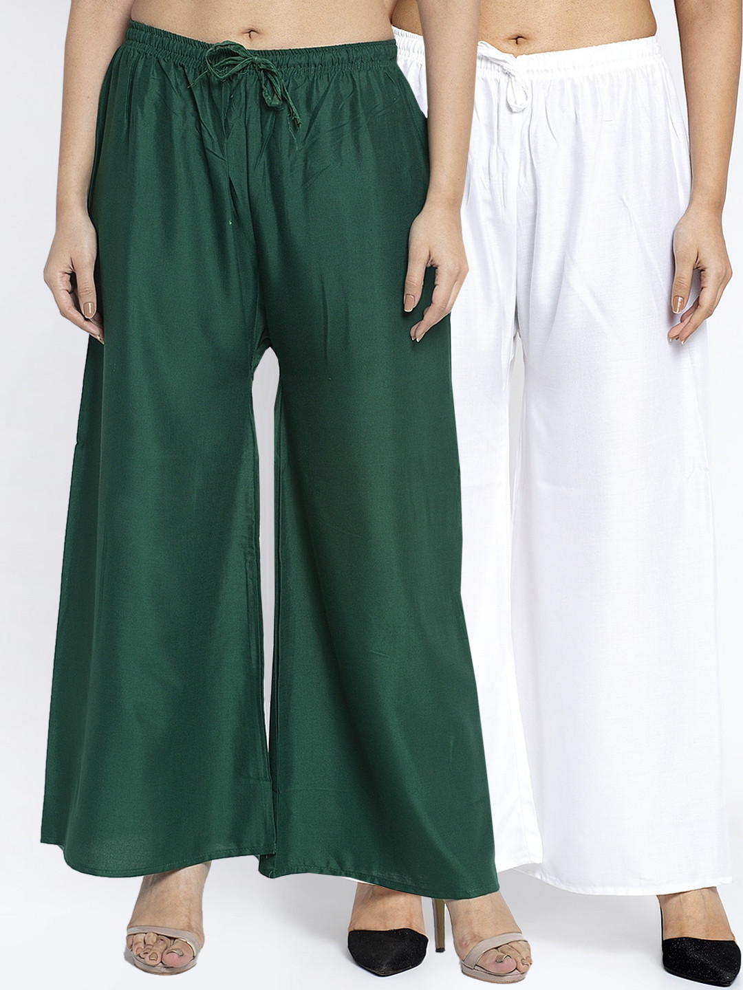 

GRACIT Women White & Green Set of 2 Solid Wide Leg Palazzos