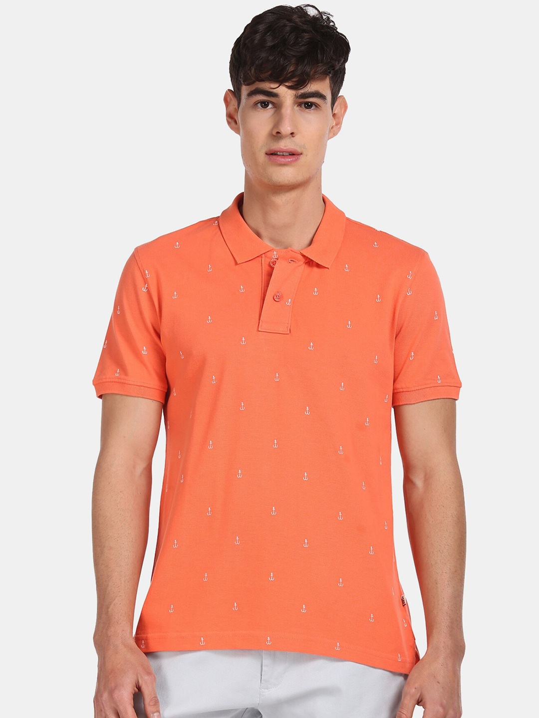 

Aeropostale Men Orange Printed Polo Collar Cotton Pure Cotton T-shirt