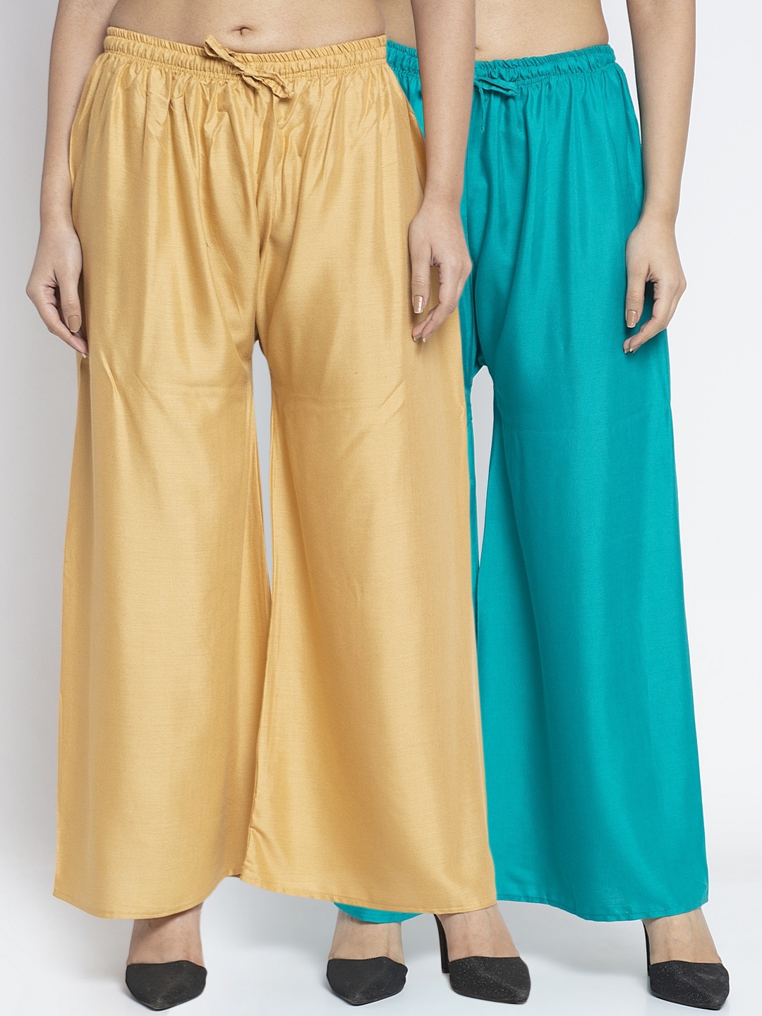 

GRACIT Women Beige & Turquoise Blue Solid Wide Leg Palazzos