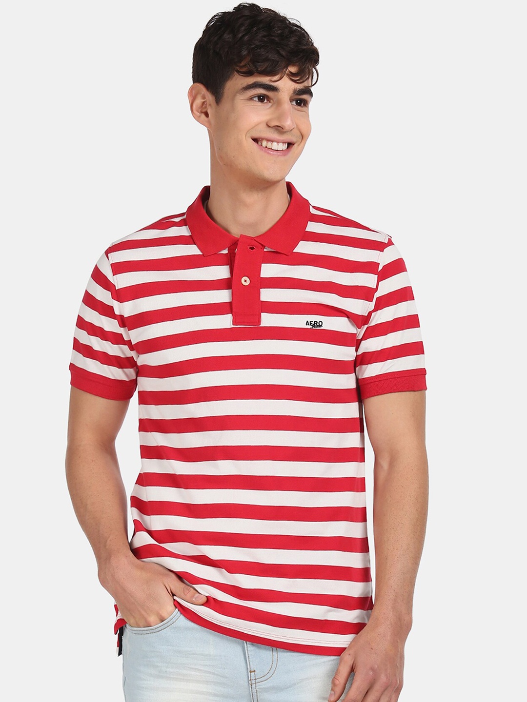 

Aeropostale Men Red Striped Polo Collar Pure Cotton T-shirt