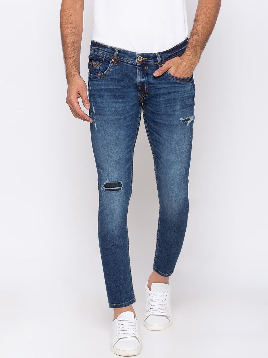 

SPYKAR Men Navy Blue Slim Fit Mid-Rise Low Distress Jeans