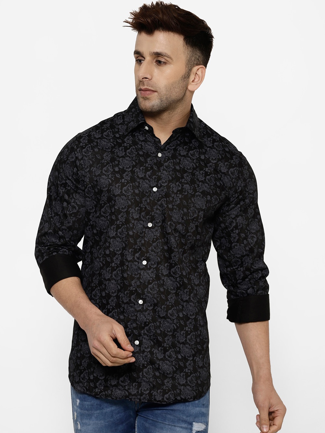 cape canary Men Black Regular Fit Printed Casual Shirt