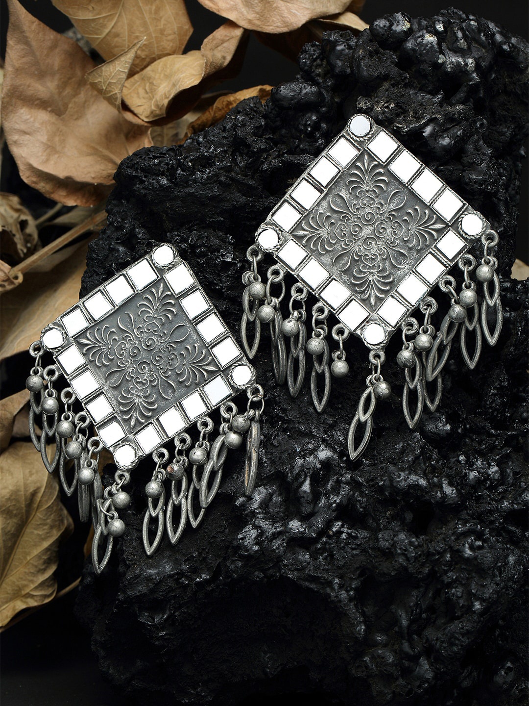 

Moedbuille Mirrors Studded Tribal Design Oxidised Silver Plated Handcrafted Earrings