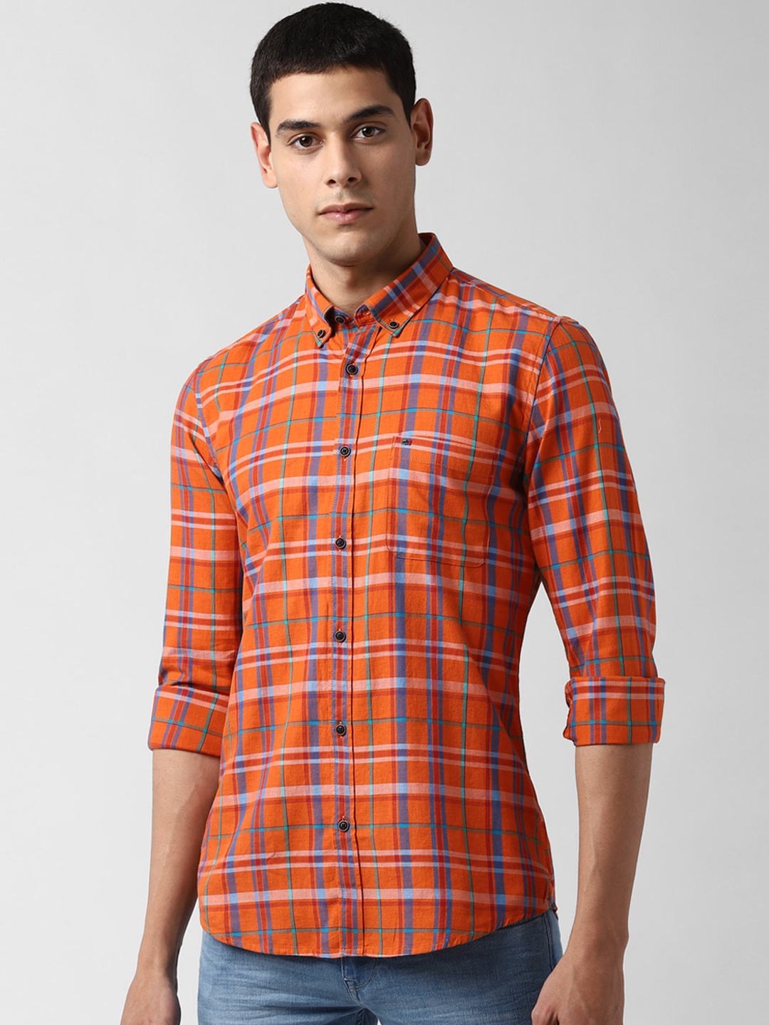 

Peter England Casuals Men Orange Slim Fit Checked Cotton Casual Shirt
