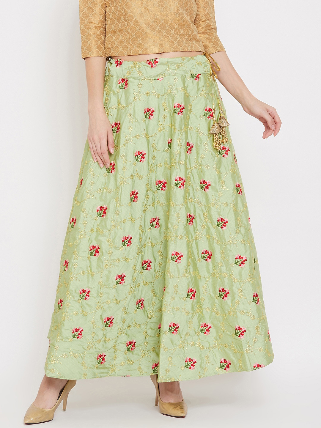 

Clora Creation Women Green & Gold-Coloured Embroidered Flared Maxi Skirt