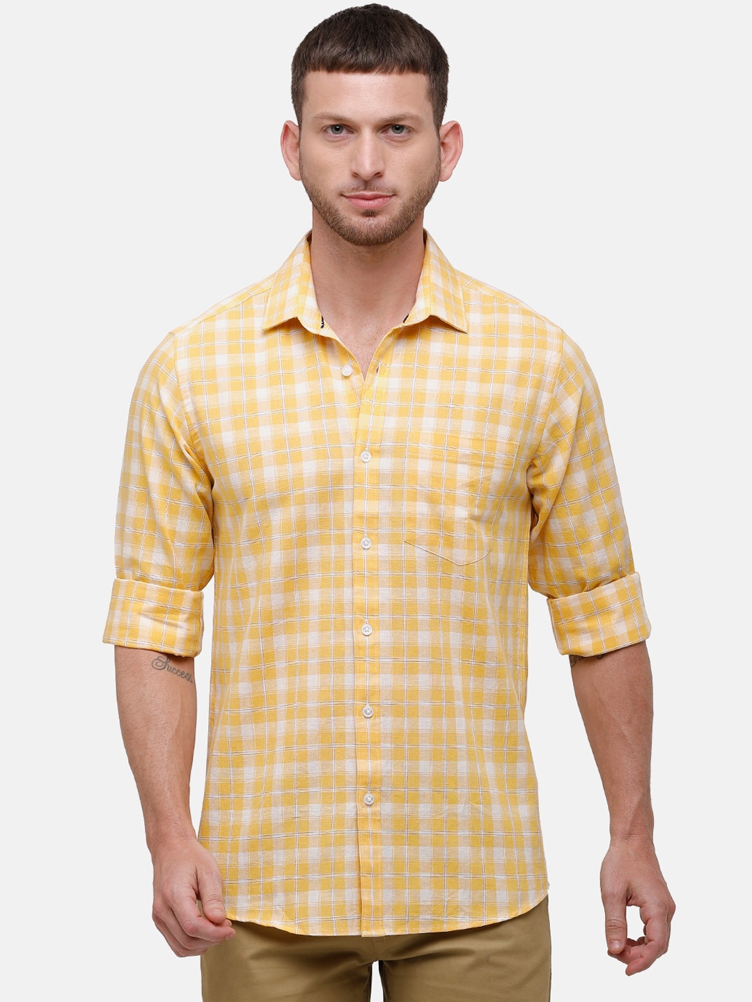 

CAVALLO by Linen Club Men Yellow & White Regular Fit Checked Casual Shirt