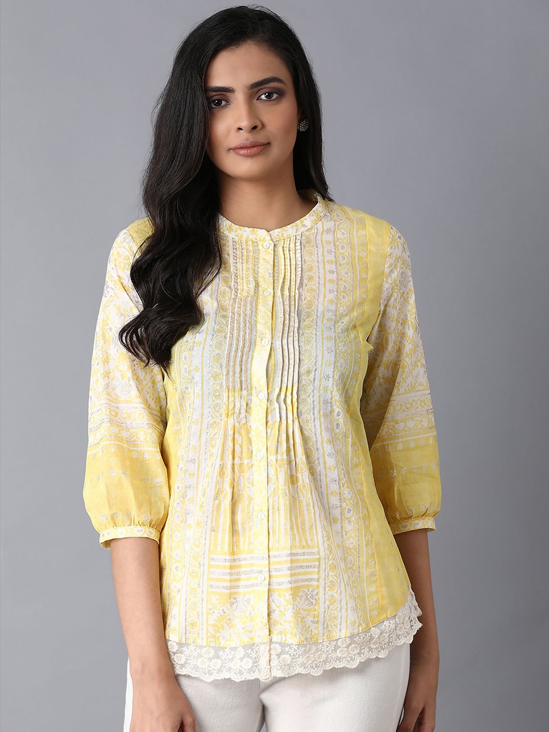 

W Yellow Floral Printed Mandarin Collar Puff Sleeves Regular Top