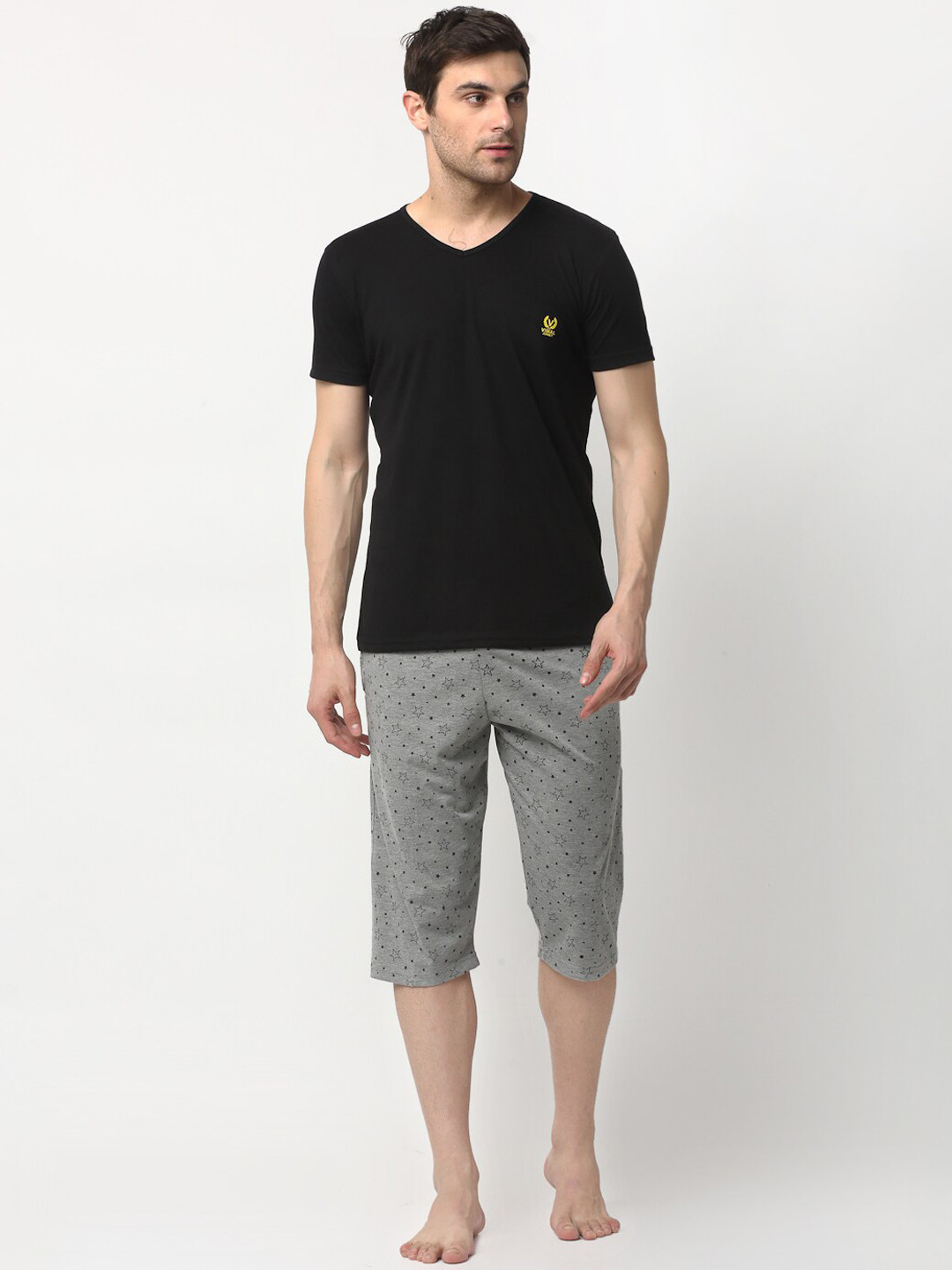 

VIMAL JONNEY Men Black & Grey Melange Solid Night suit