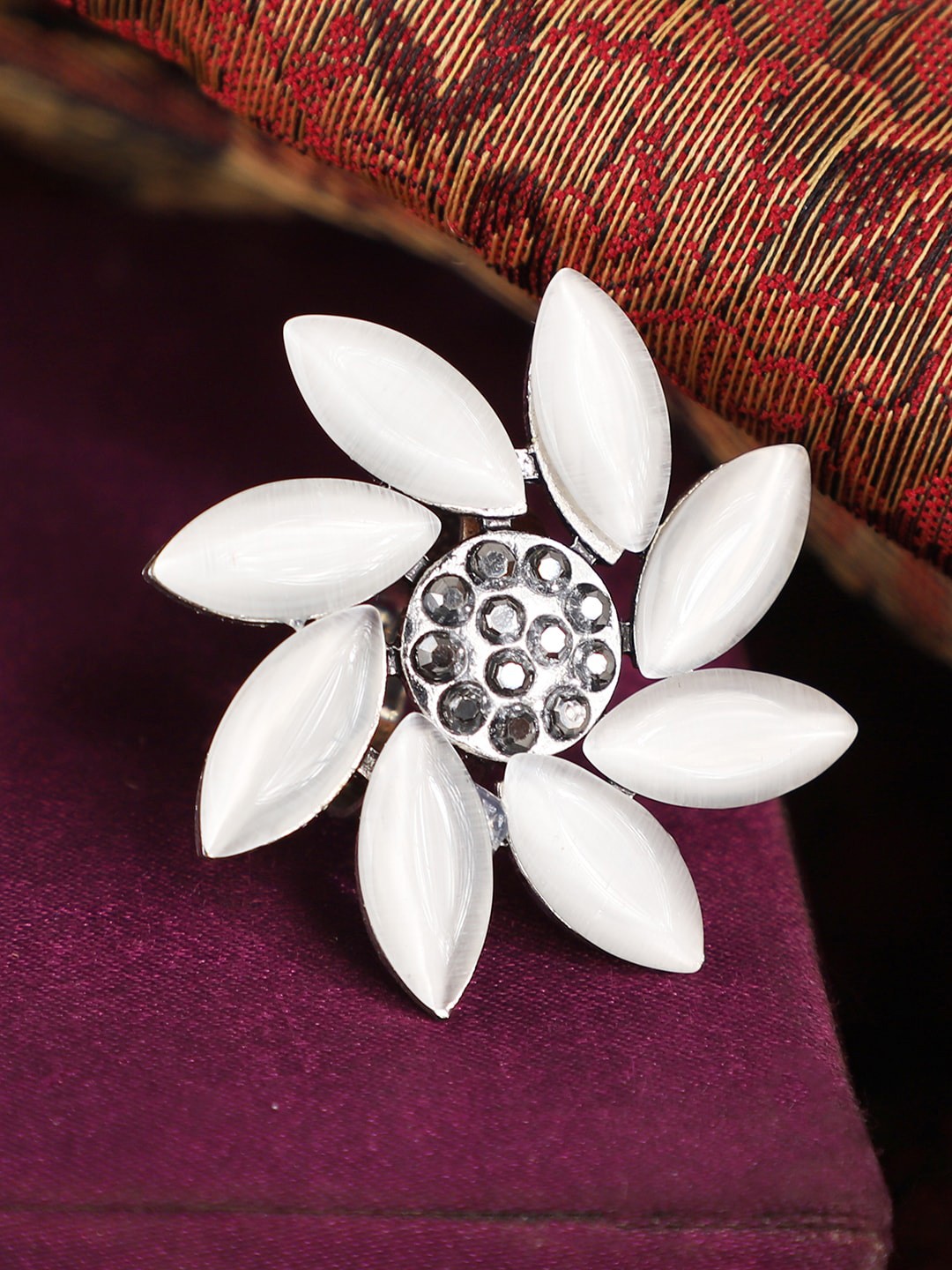 

ANIKAS CREATION Oxidised Silver-Toned White Stone-Studded Handcrafted Adjustable Finger Ring