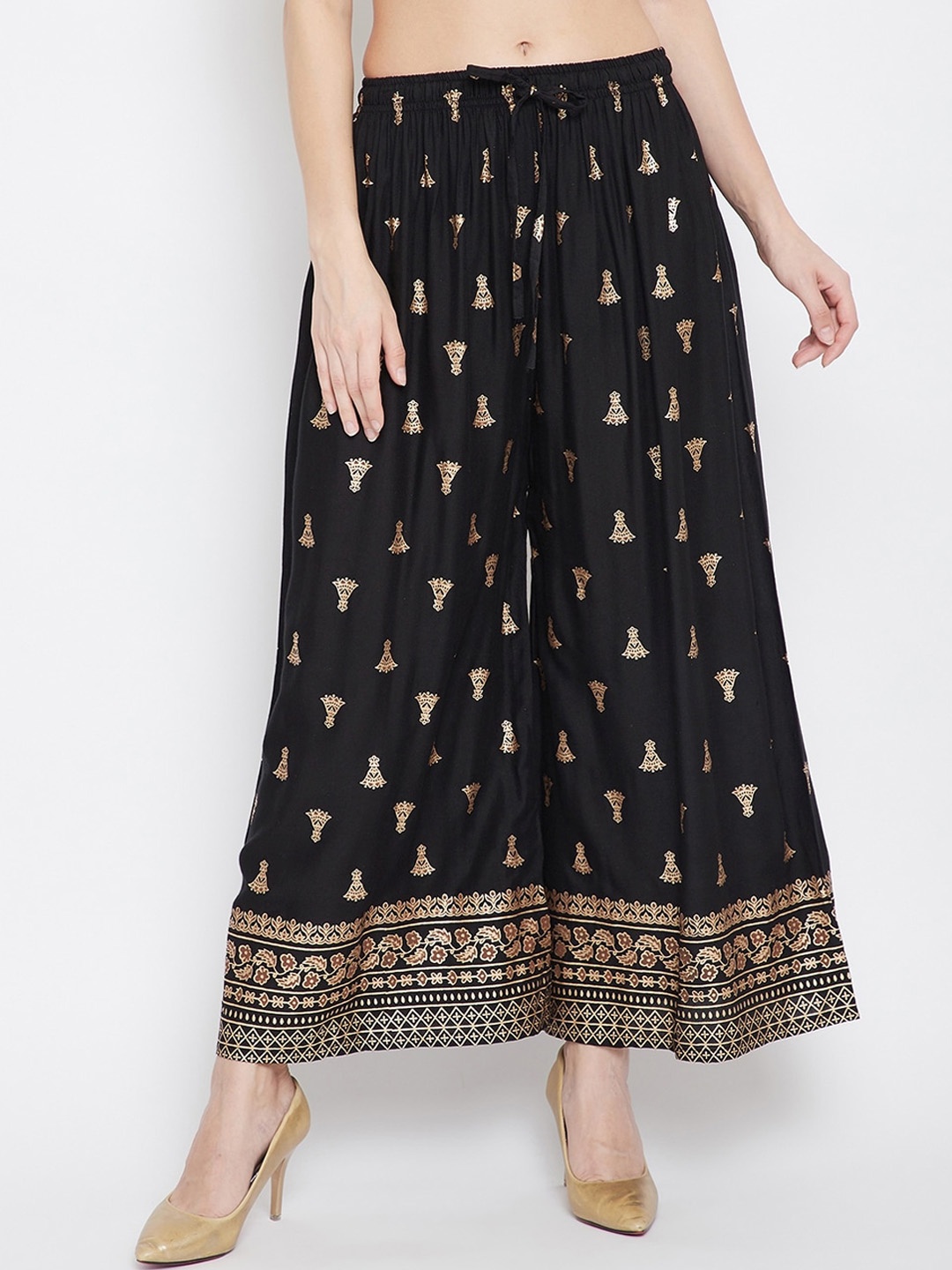 Clora Creation Women Black & Gold-Toned Printed Flared Palazzos