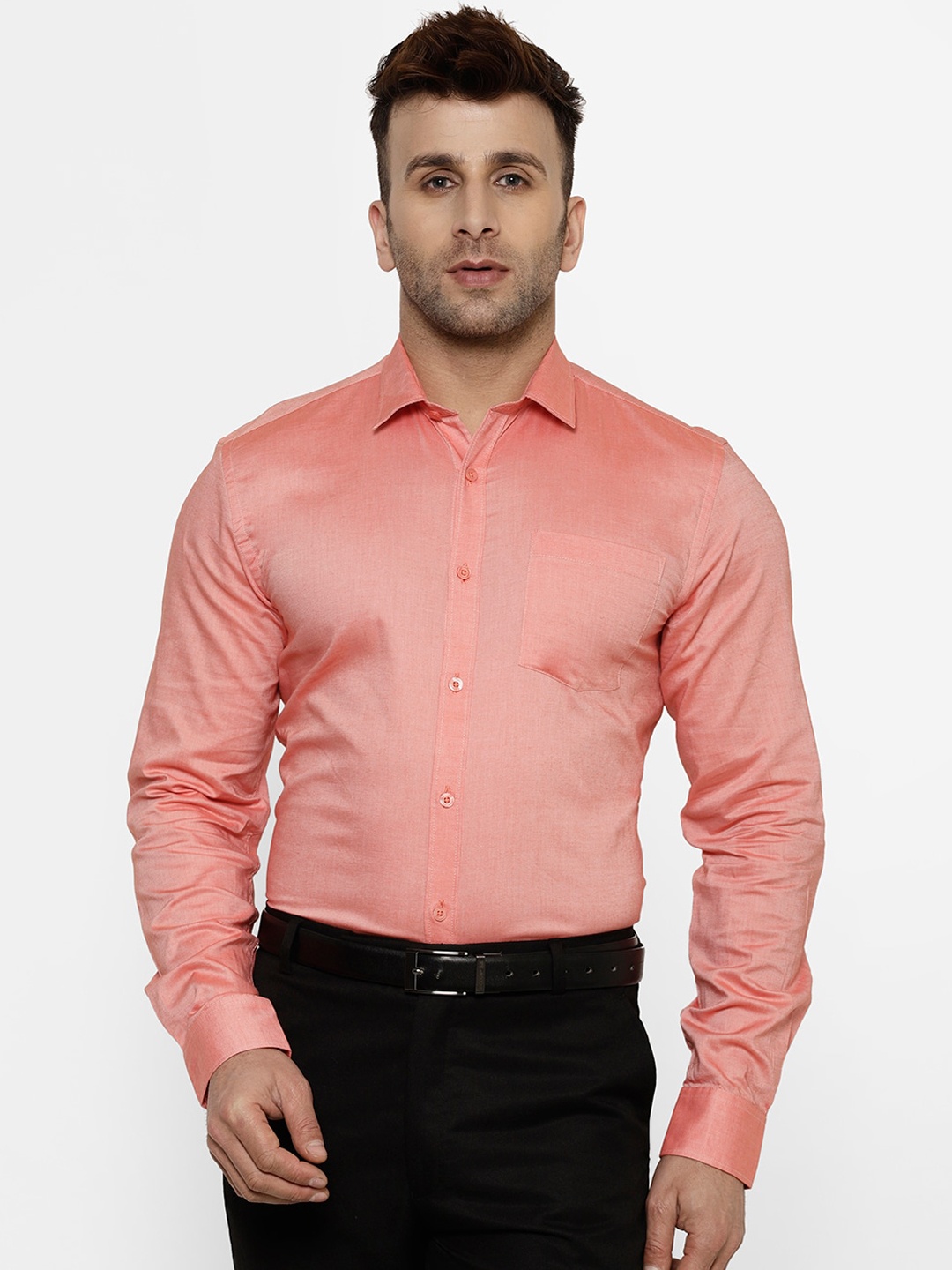 

cape canary Men Peach-Coloured Regular Fit Solid Formal Shirt