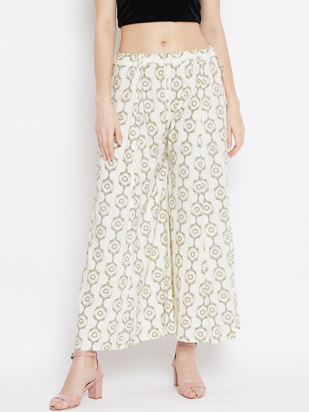 

Clora Creation Women Cream-Coloured & Olive Green Printed Flared Palazzos