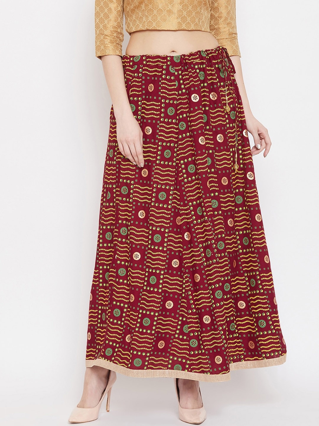 

Clora Creation Women Maroon & Yellow Geometric Printed Flared Maxi Skirt