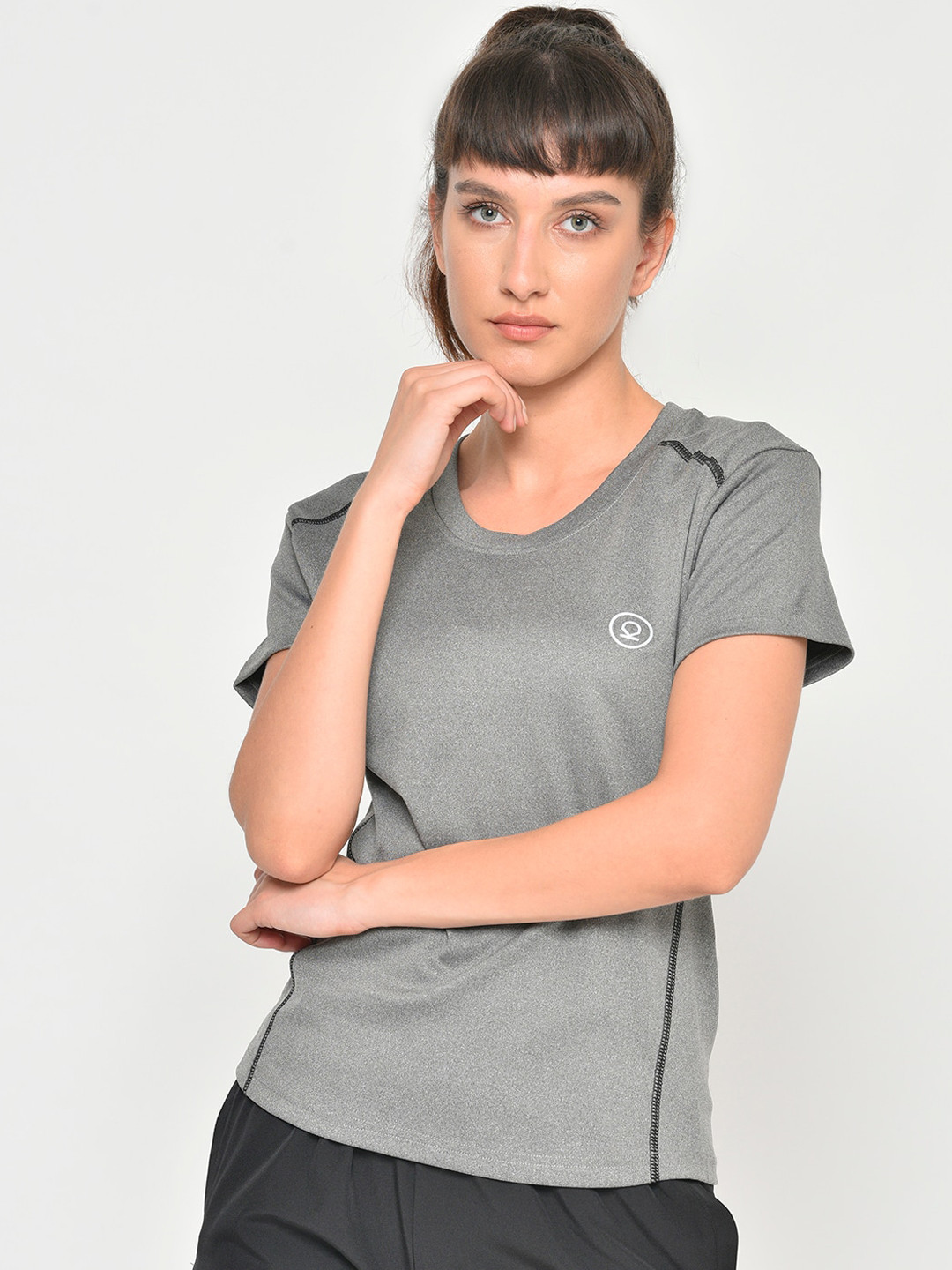

CHKOKKO Women Grey Melange Training or Gym T-shirt