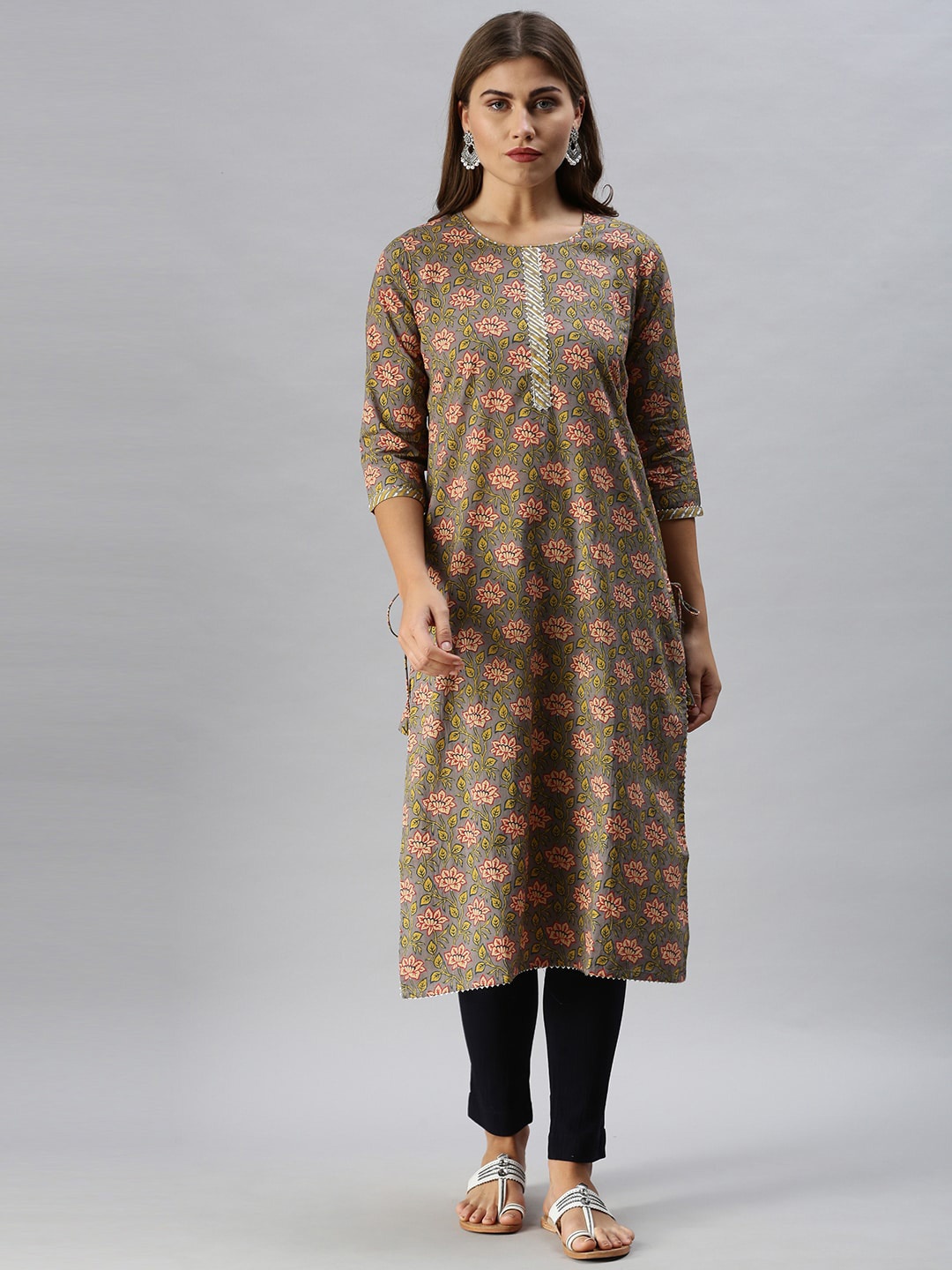 

Soch Women Grey & Yellow Floral Printed Kurta