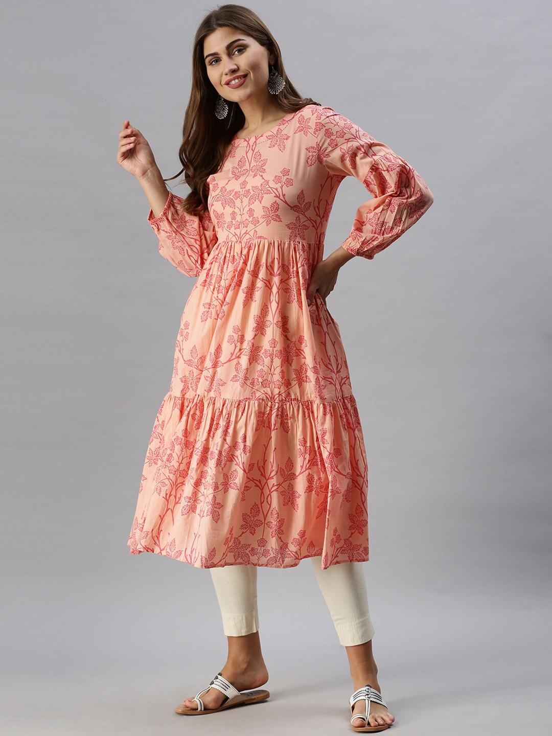 

Soch Women Peach-Coloured & Red Floral Printed Layered Kurta