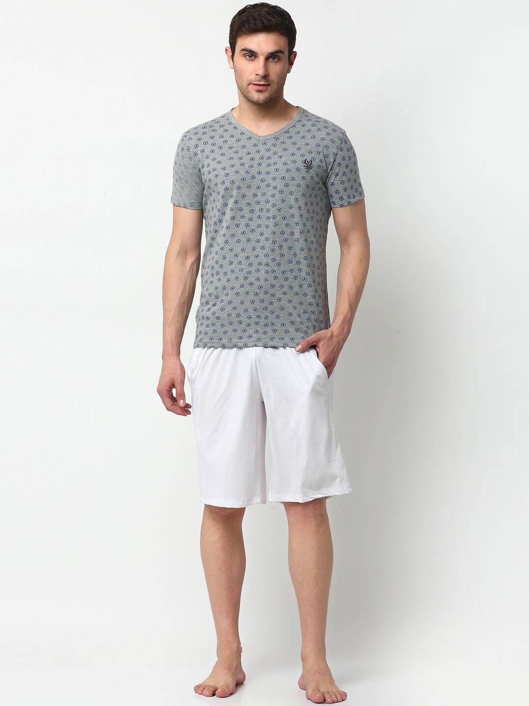 VIMAL JONNEY Men Grey Melange & White Printed Night Suit