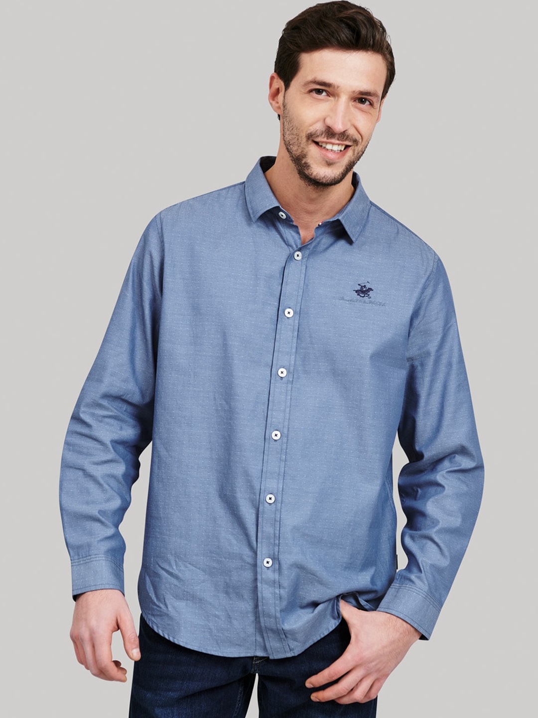 Beverly Hills Polo Club Men Blue Regular Fit Self Design Casual Shirt