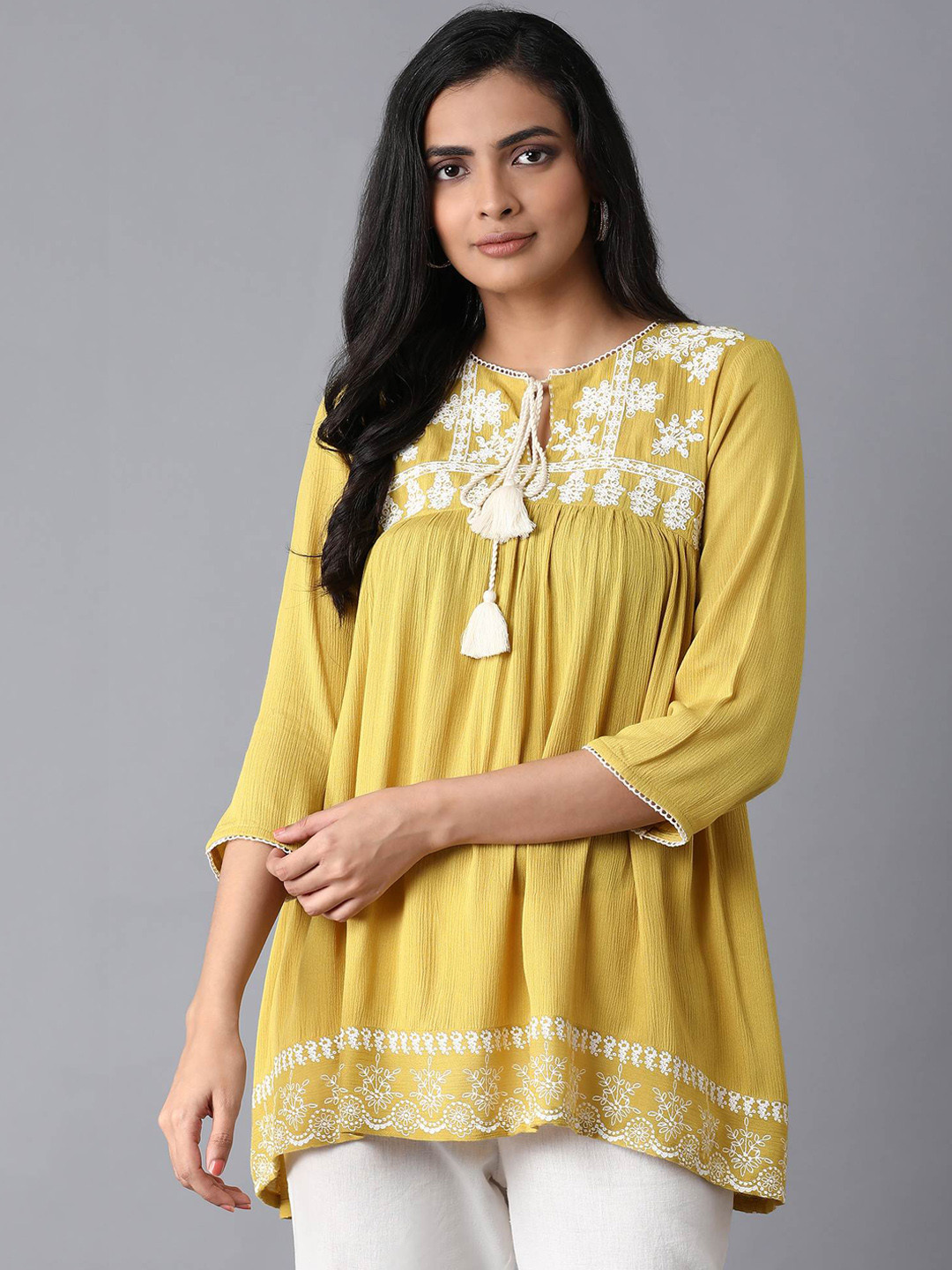 

W Women Yellow Tie-up Neck A-line Top