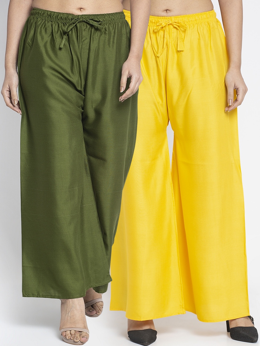 

GRACIT Women Yellow & Olive Green Solid Wide Leg Palazzos