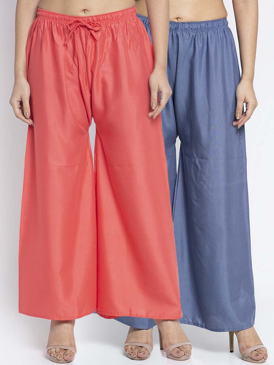 

GRACIT Women Grey & Coral Set of 2 Solid Wide Leg Palazzos
