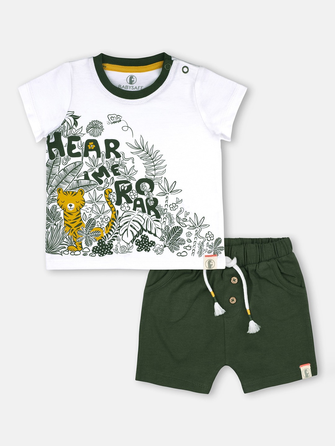 

Babysafe Boys White & Olive Green Printed T-shirt with Shorts