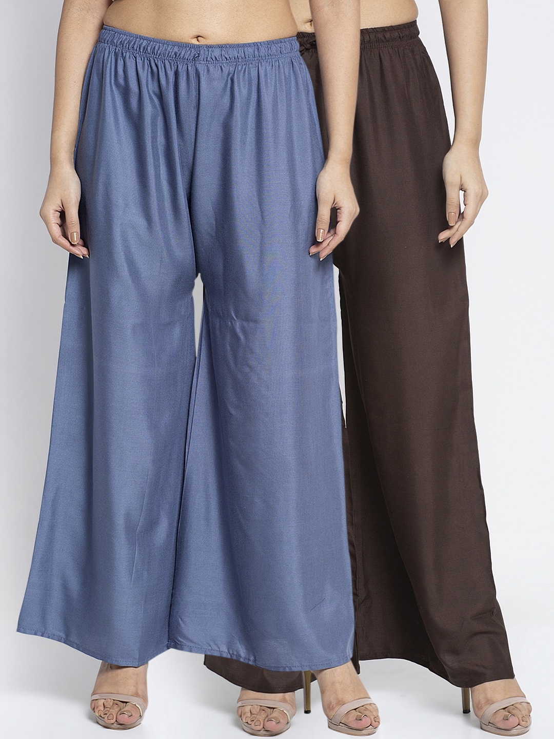 GRACIT Women Grey & Coffee Brown Solid Flared Palazzos
