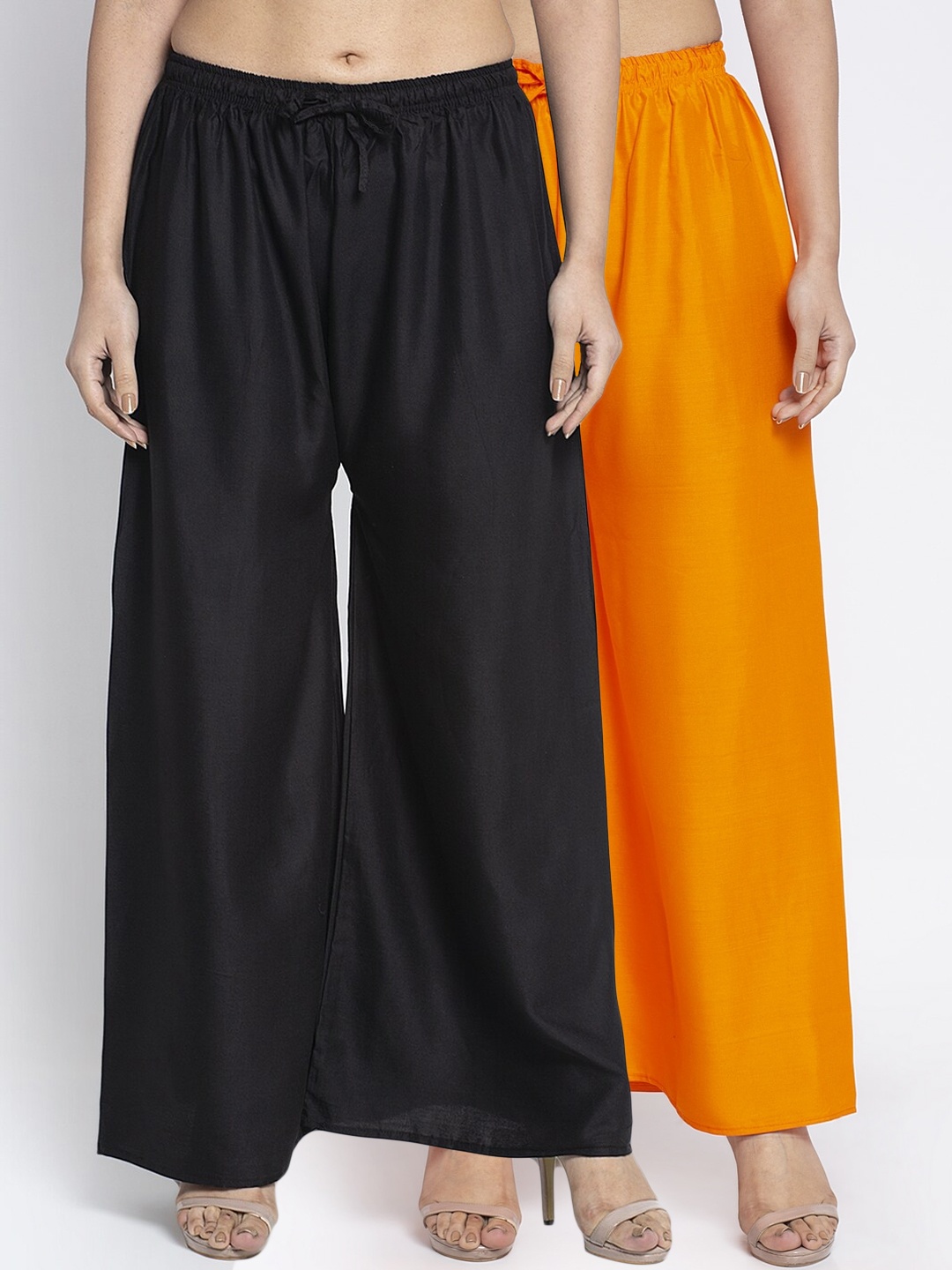 GRACIT Women Black & Orange Set of 2 Solid Wide Leg Palazzos
