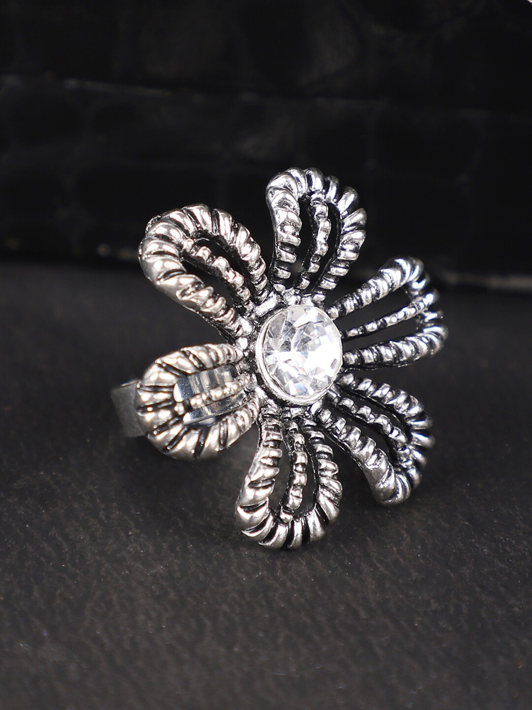 

ANIKAS CREATION Oxidized Silver-Plated White Stone-Studded Handcrafted Adjustable Finger Ring