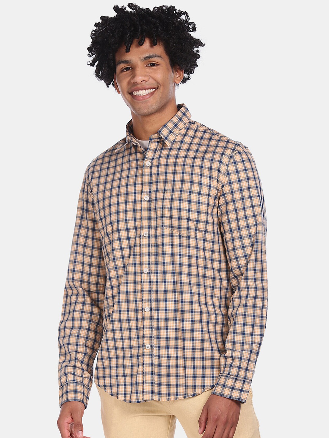 Ruggers Men Orange & Blue Regular Fit Checked Casual Cotton Shirt