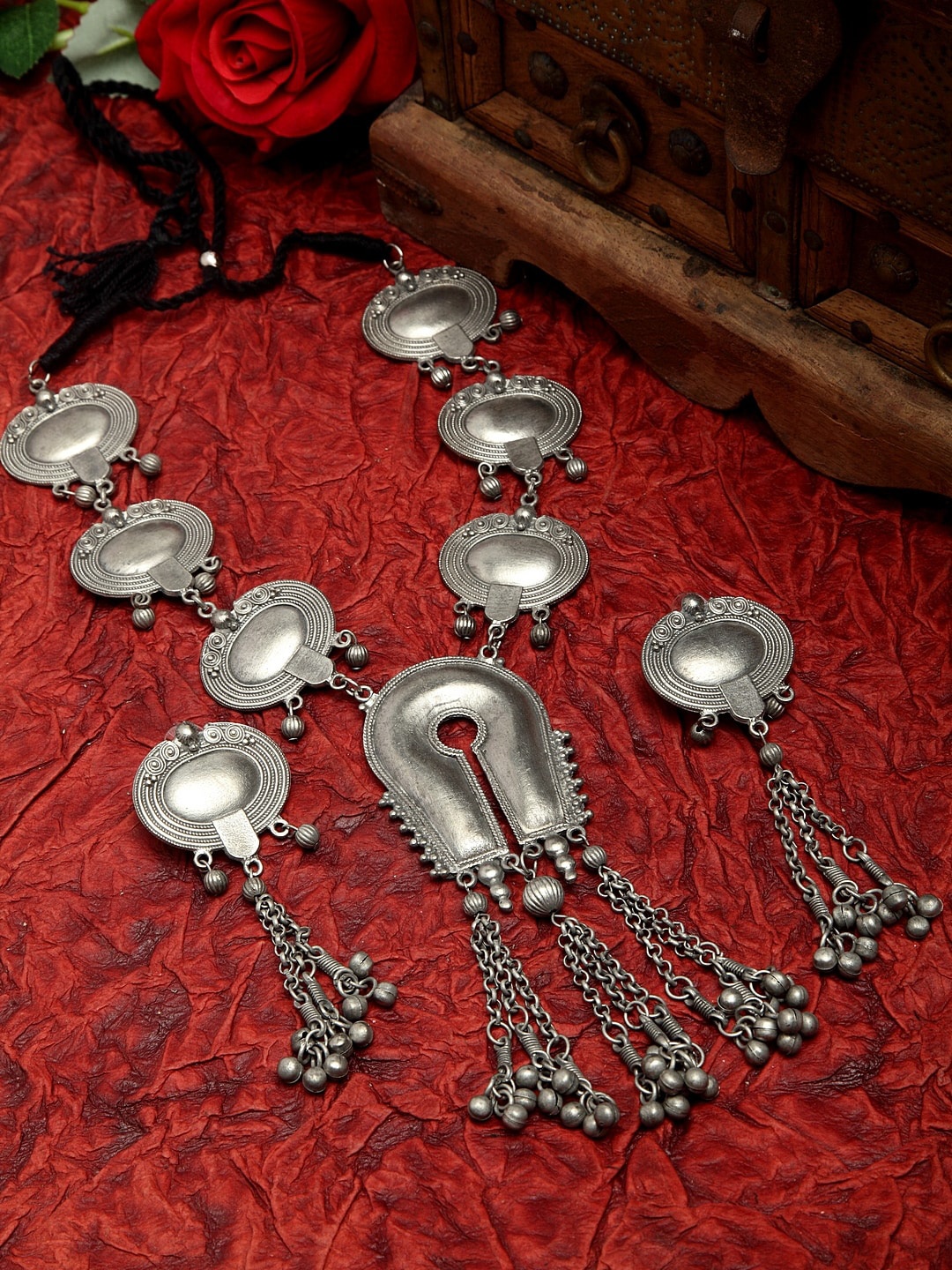 

Moedbuille Ghungroo Studded Tasselled Design Oxidised Silver Plated Tribal Jewelry Set