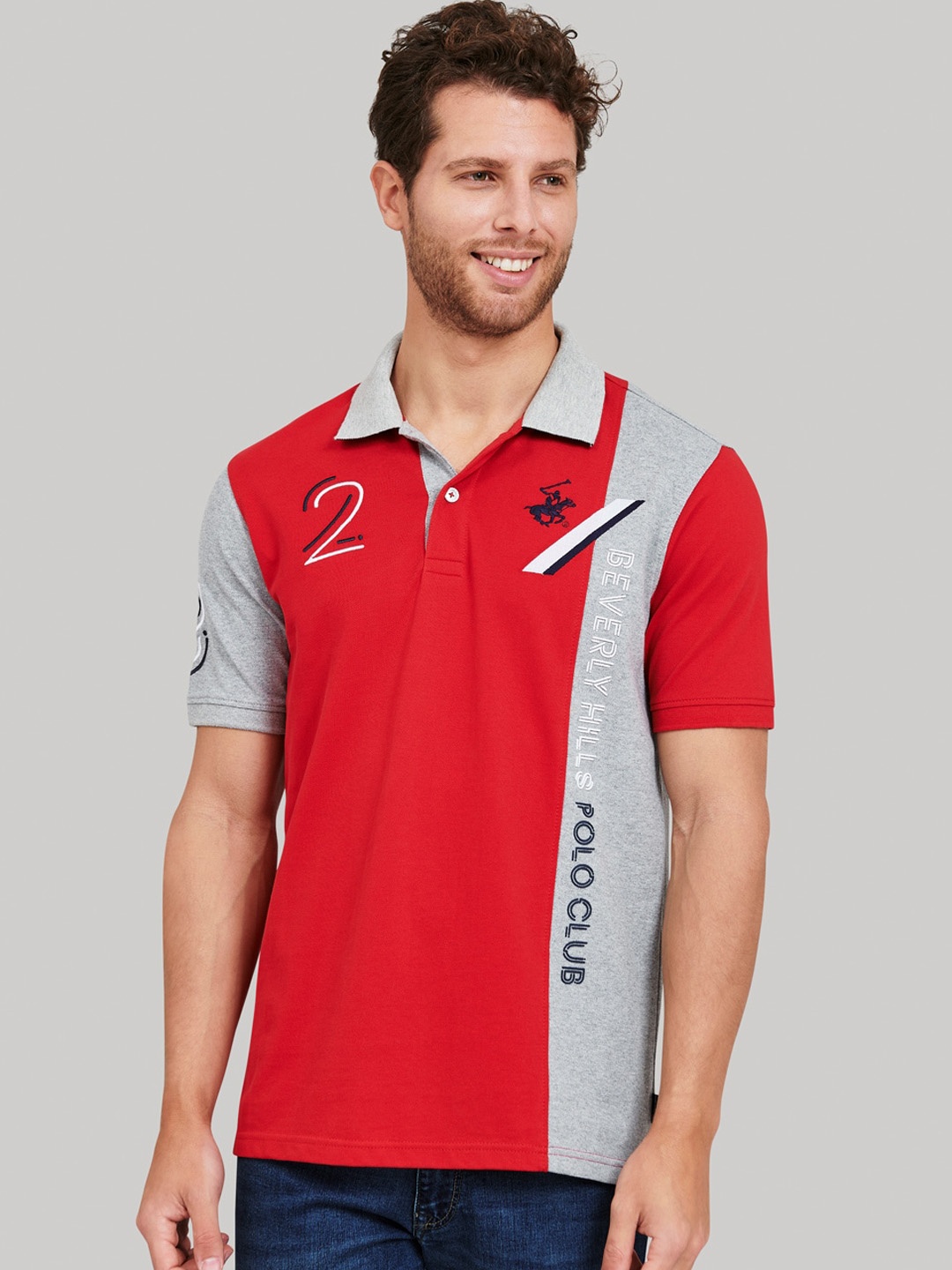 

Beverly Hills Polo Club Men Red & Grey Colourblocked Polo Collar T-shirt