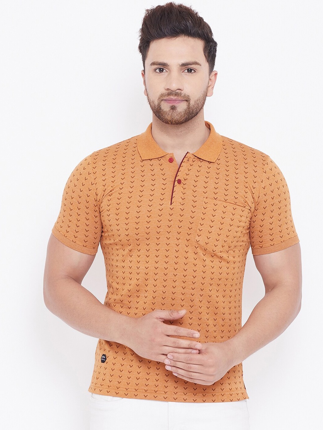 

Adobe Men Orange Printed Polo Collar T-shirt