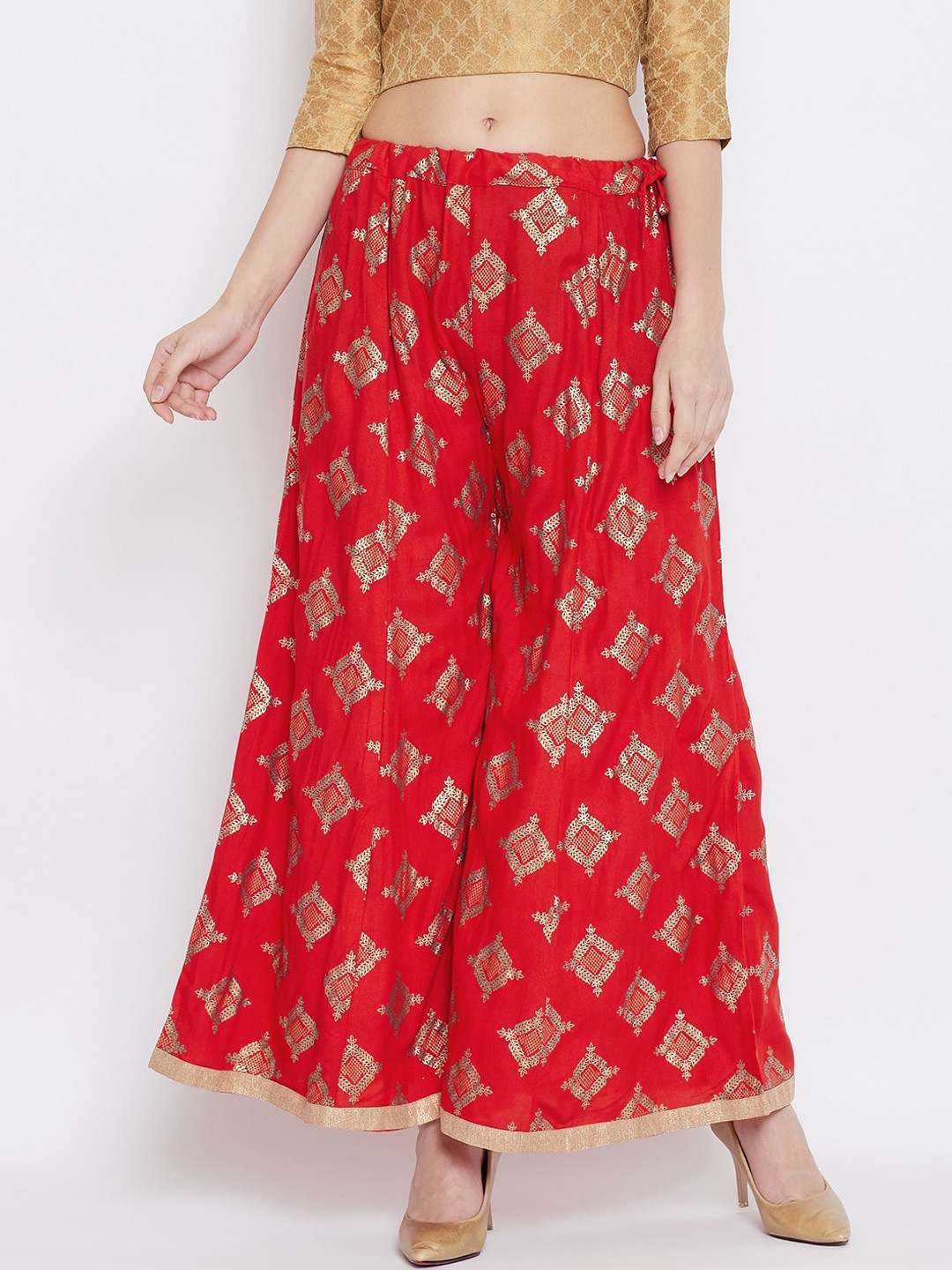 

Clora Creation Women Red & Gold-Toned Printed Wide Leg Palazzos