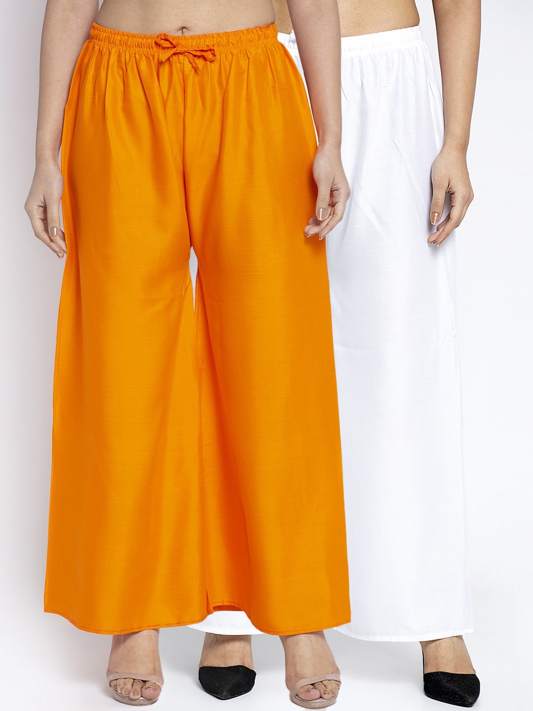 GRACIT Women White & Orange Set of 2 Solid Flared Palazzos
