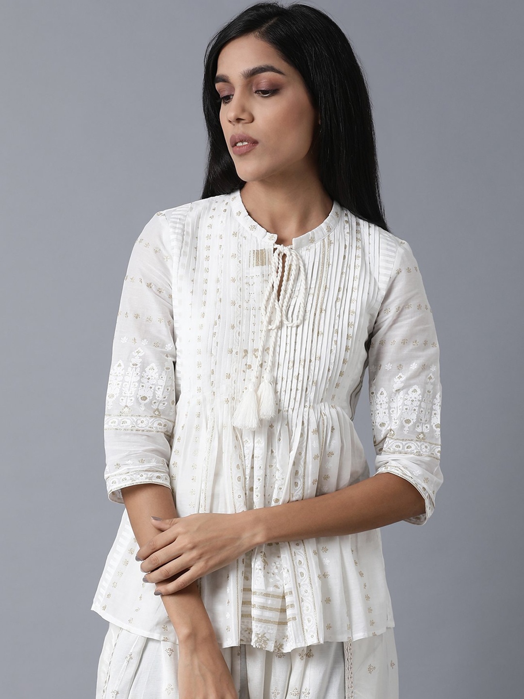 

W Women Off White Striped Tie-up Neck A-line Top