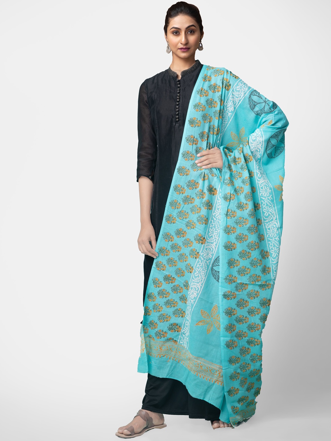 Unnati Silks Turquoise Blue & White Printed Dupatta