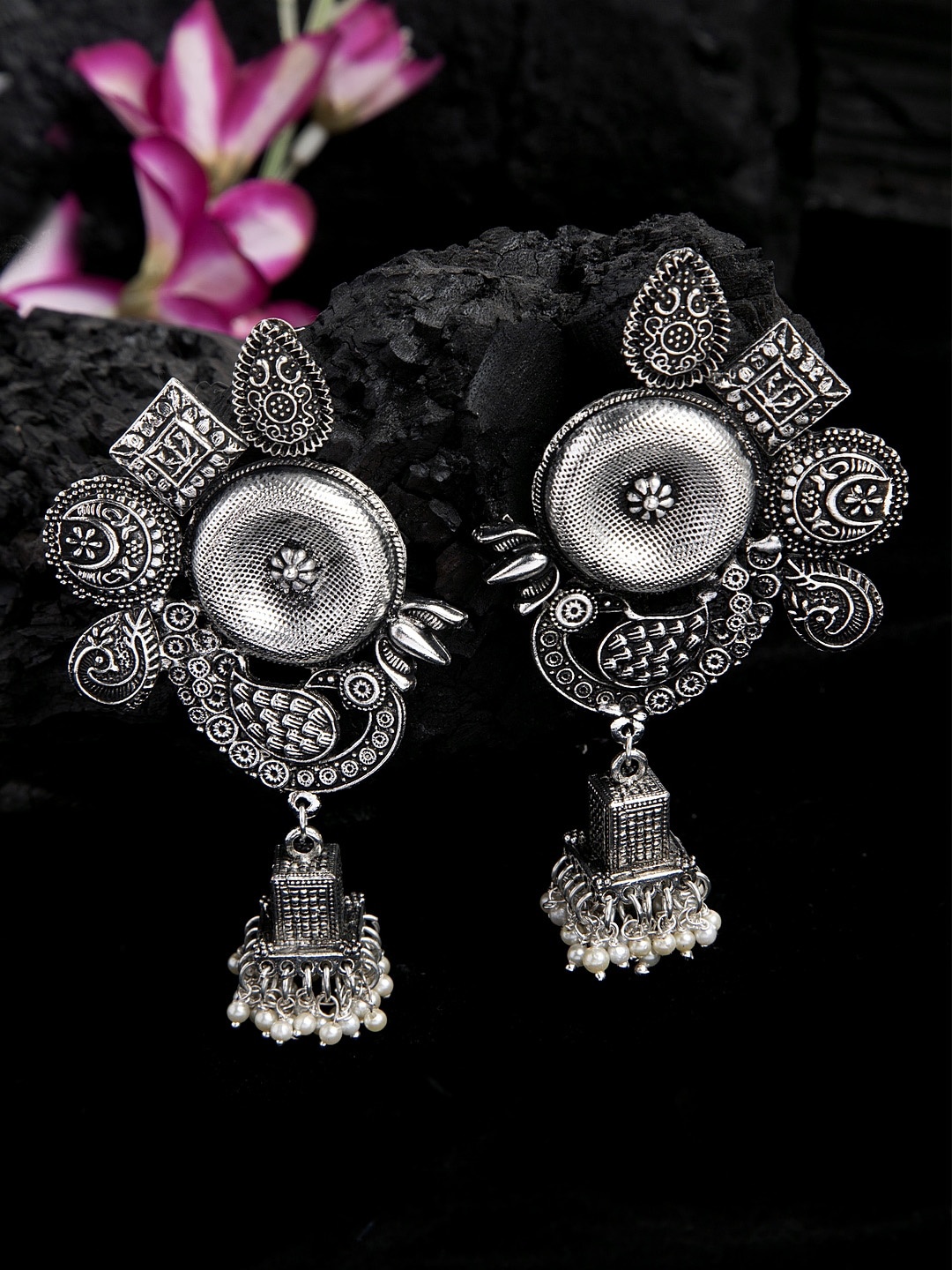 

Moedbuille Peacock Design Filigree Work Oxidised Silver Plated Handcrafted Tribal Jhumkas