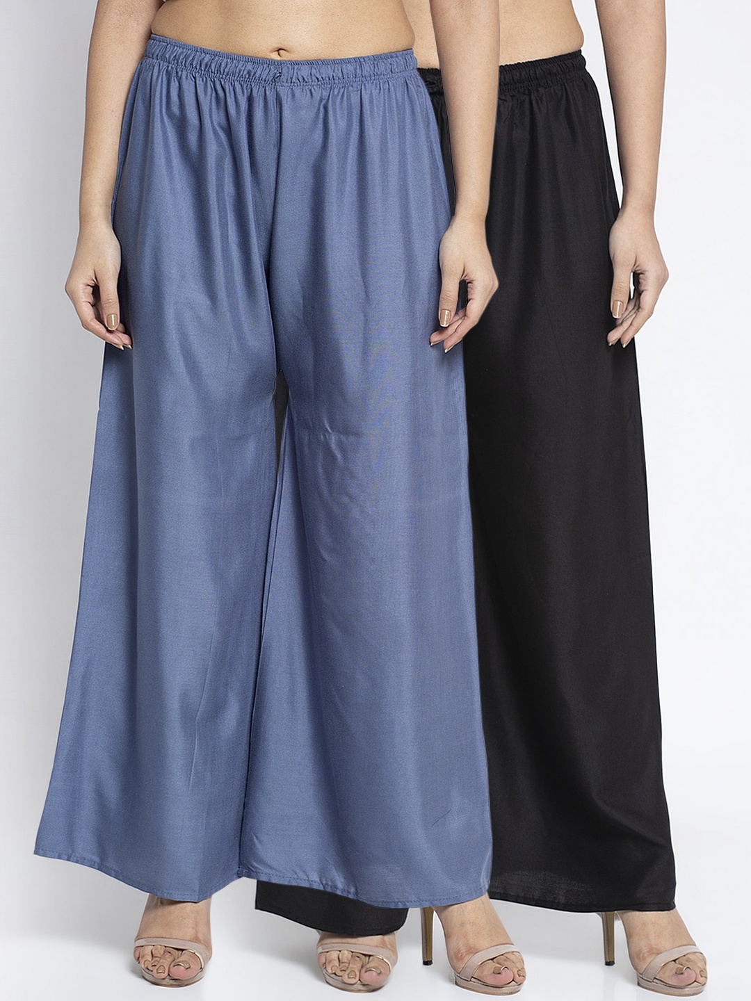 GRACIT Women Black & Blue Solid Wide Leg Palazzos