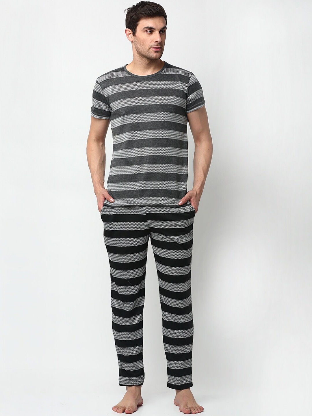 VIMAL JONNEY Men Grey & Black Striped Night Suit STR_T_GRY_D9_BK_02
