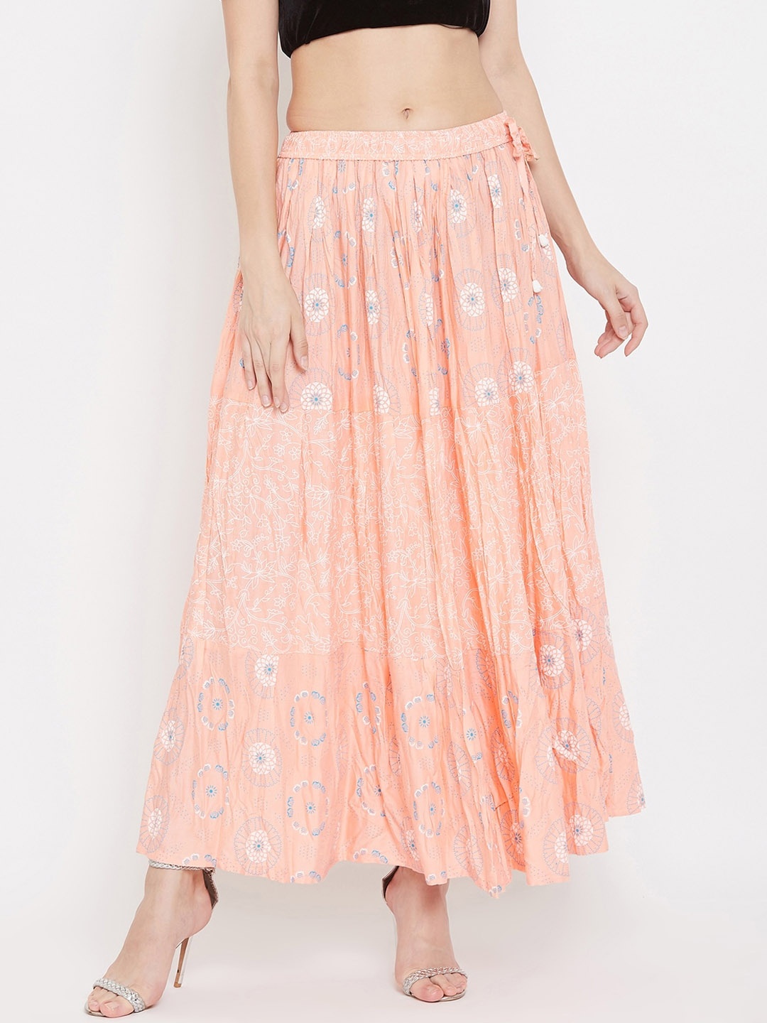 

Clora Creation Women Peach-Coloured & White Printed Tiered Maxi Skirt