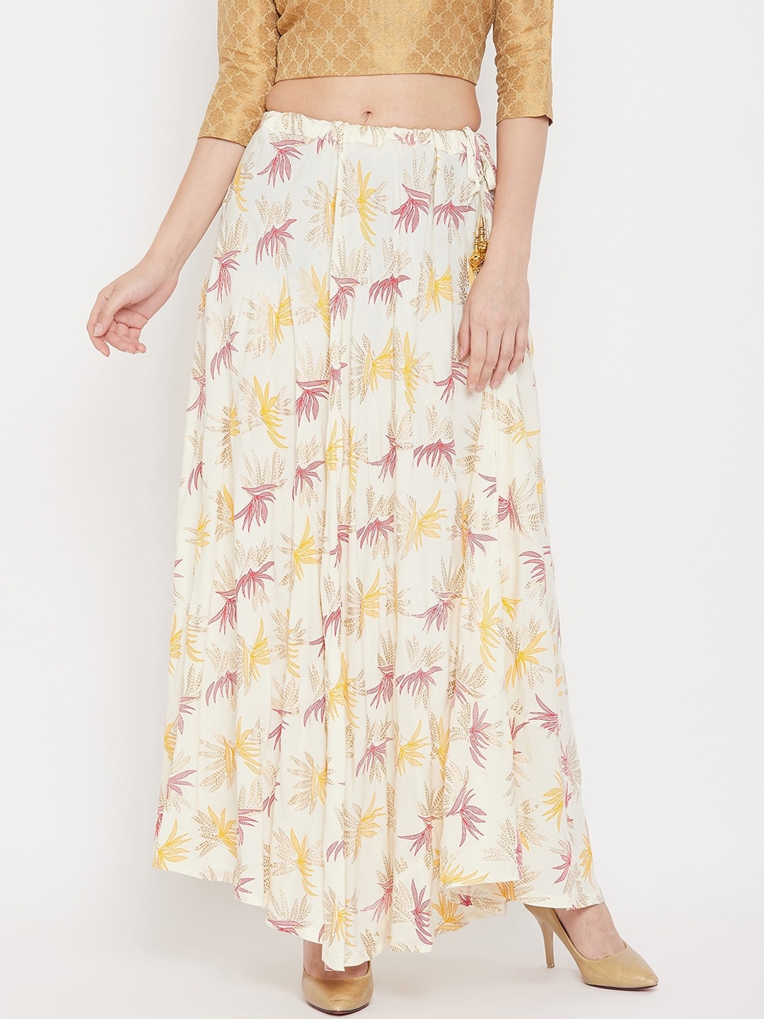 

Clora Creation Women Cream-Coloured & Pink Printed Flared Maxi Skirt