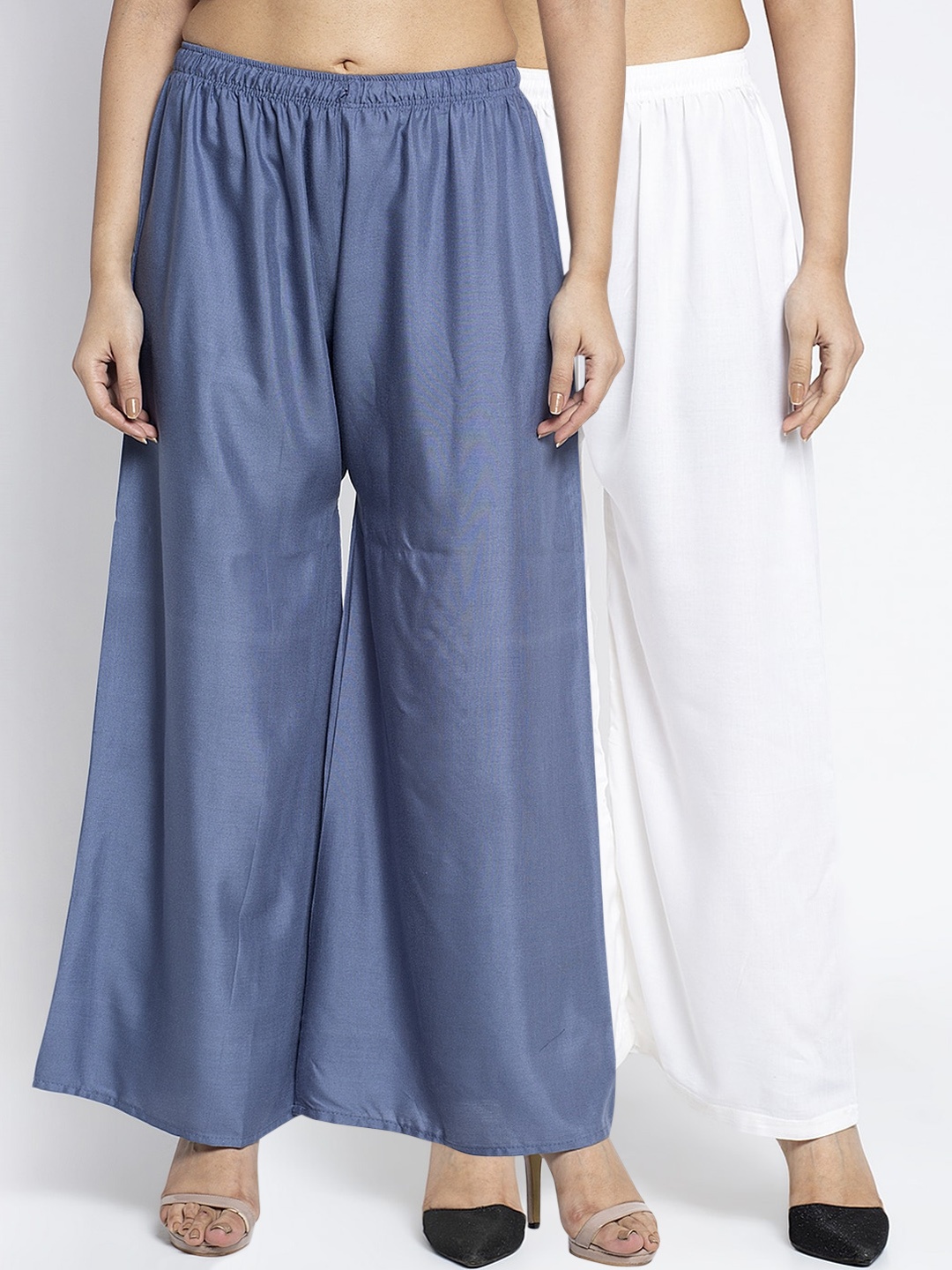 

GRACIT Women White & Blue Set of 2 Solid Flared Palazzos