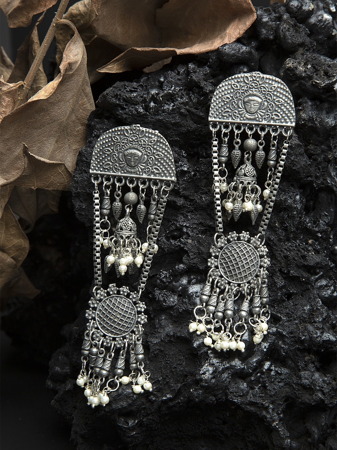 

Moedbuille Pearls Studded Tasselled Design Oxidised Silver Plated Handcrafted Tribal Chandbalis