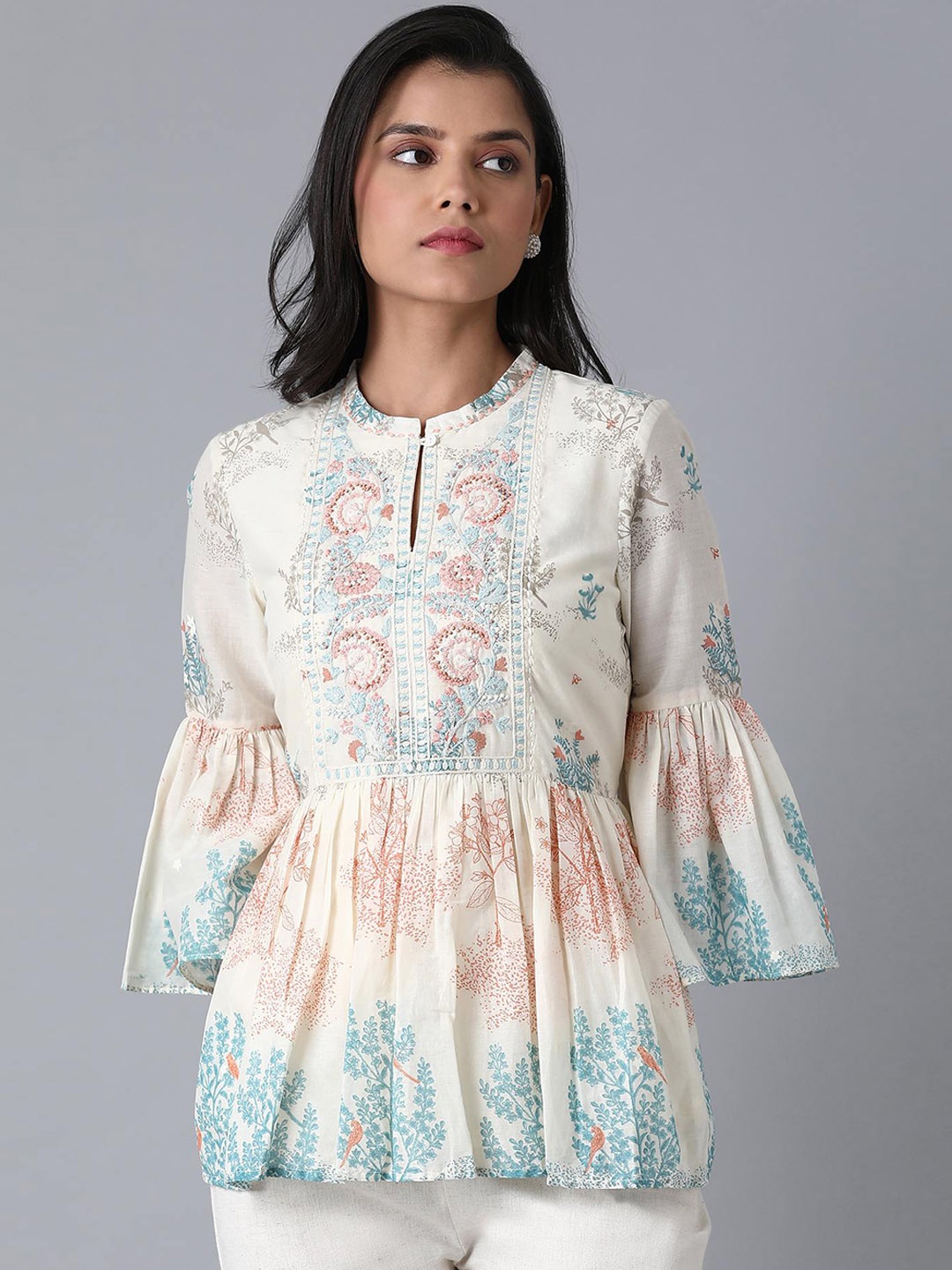 W Off White & Blue Floral Printed Mandarin Collar Bell Sleeves Cinched Waist Top