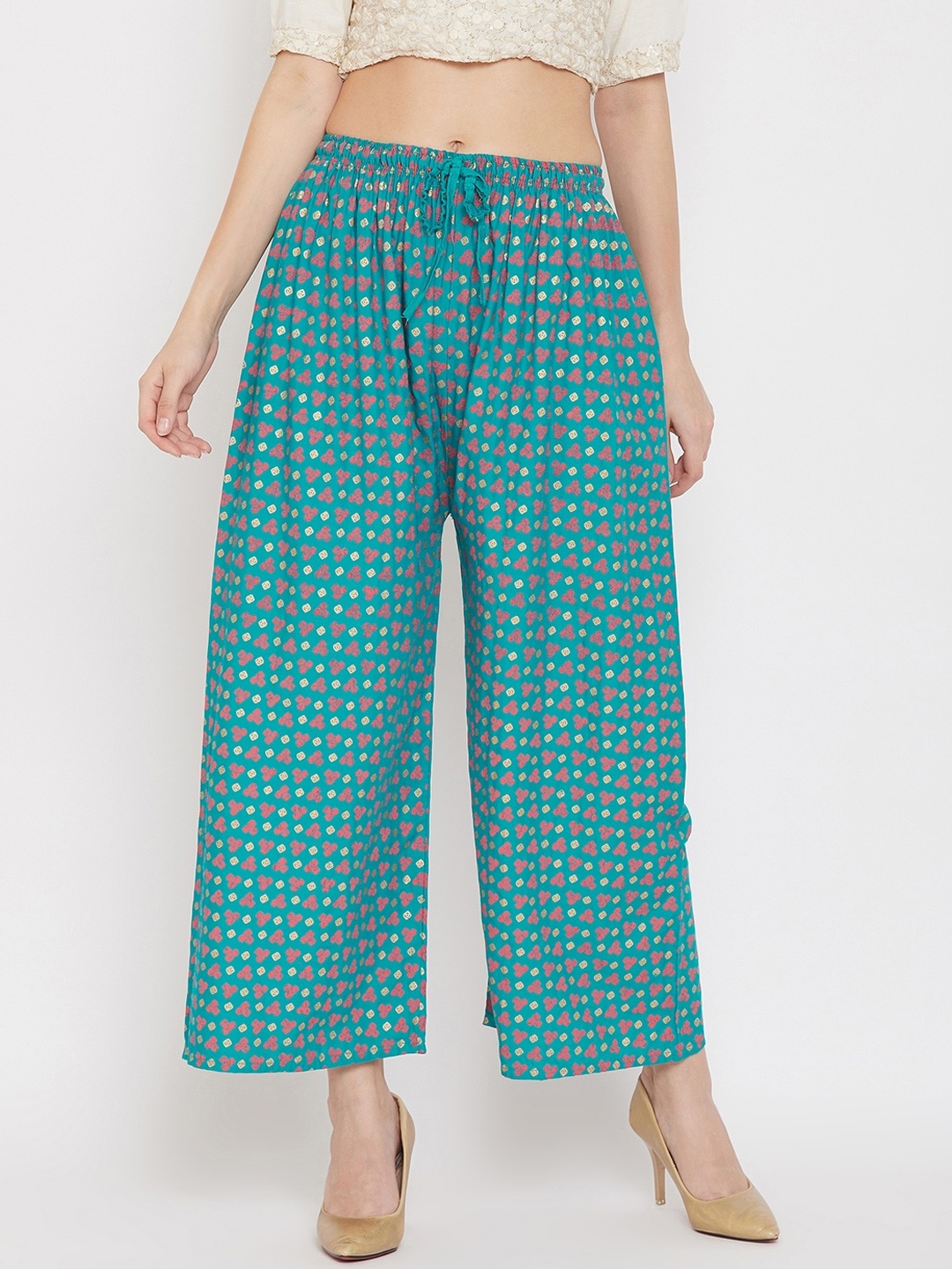 

Clora Creation Women Turquoise Blue Printed Straight Palazzos
