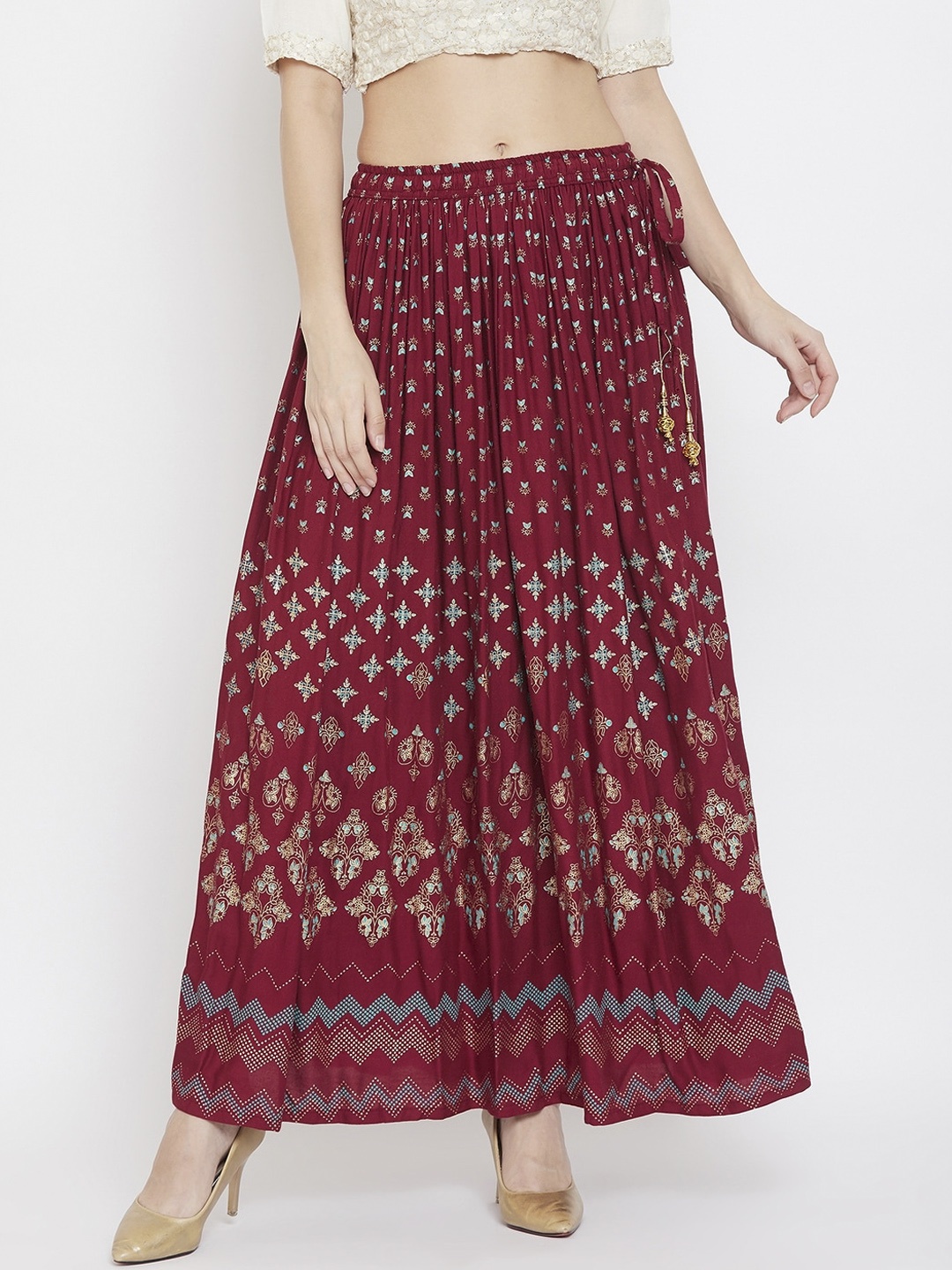 

Clora Creation Women Maroon & Blue Printed Flared Maxi Skirt
