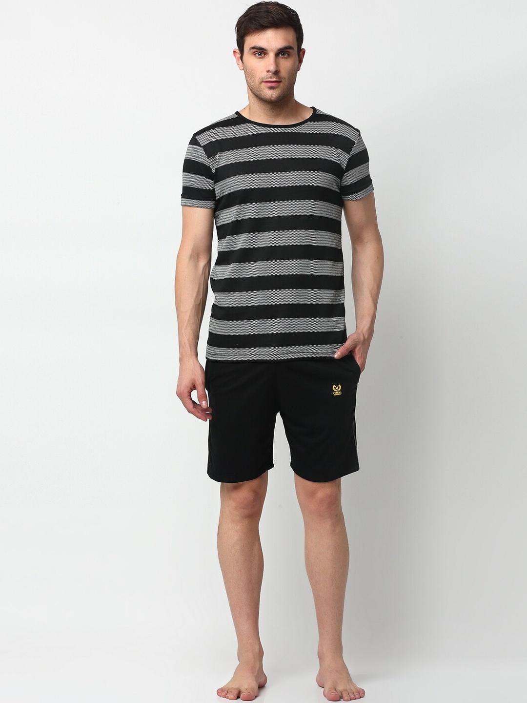 

VIMAL JONNEY Men Black & Grey Striped Night suit