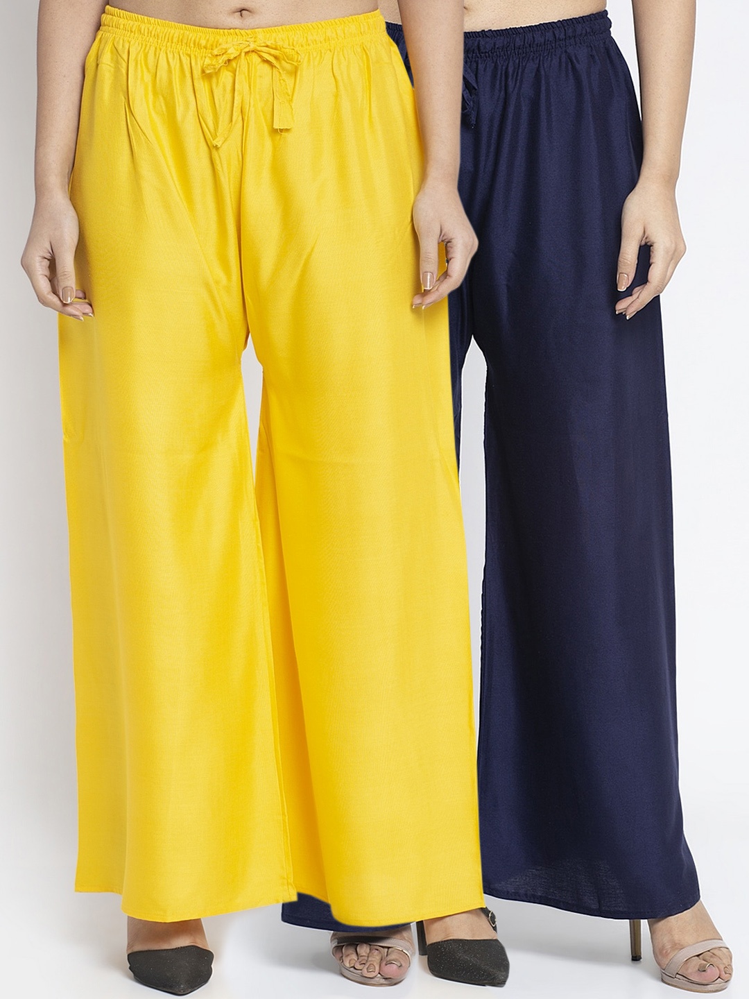 

GRACIT Women Yellow & Navy Blue Solid Flared Palazzos